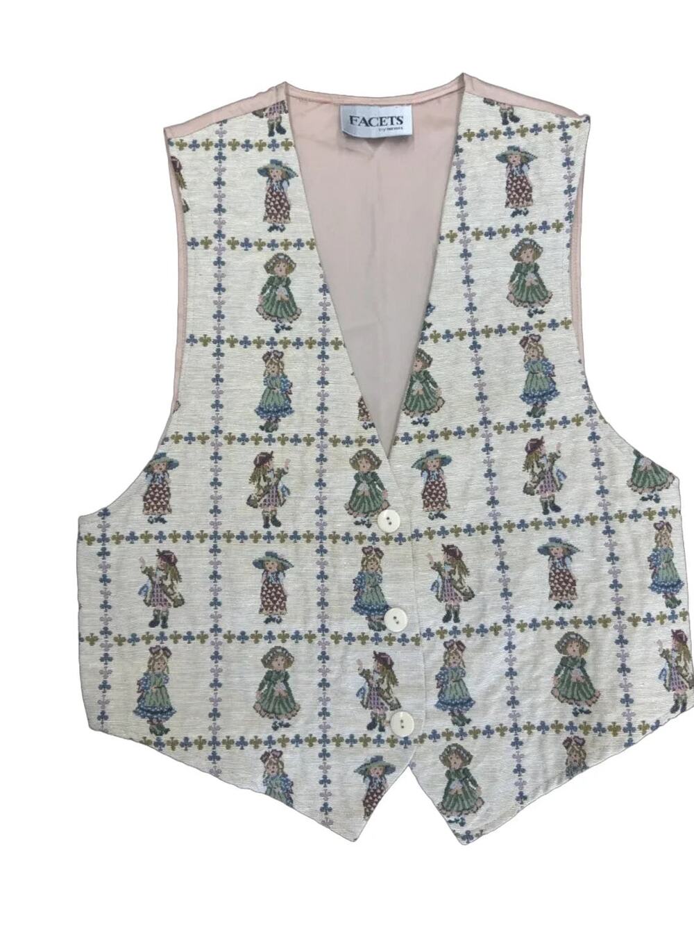 Facets by Mirrors Victorian Doll Print Tapestry Vest